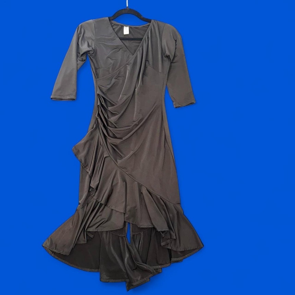 Black Asymmetrical Ruched Ruffle Midi Dress – XS/S
